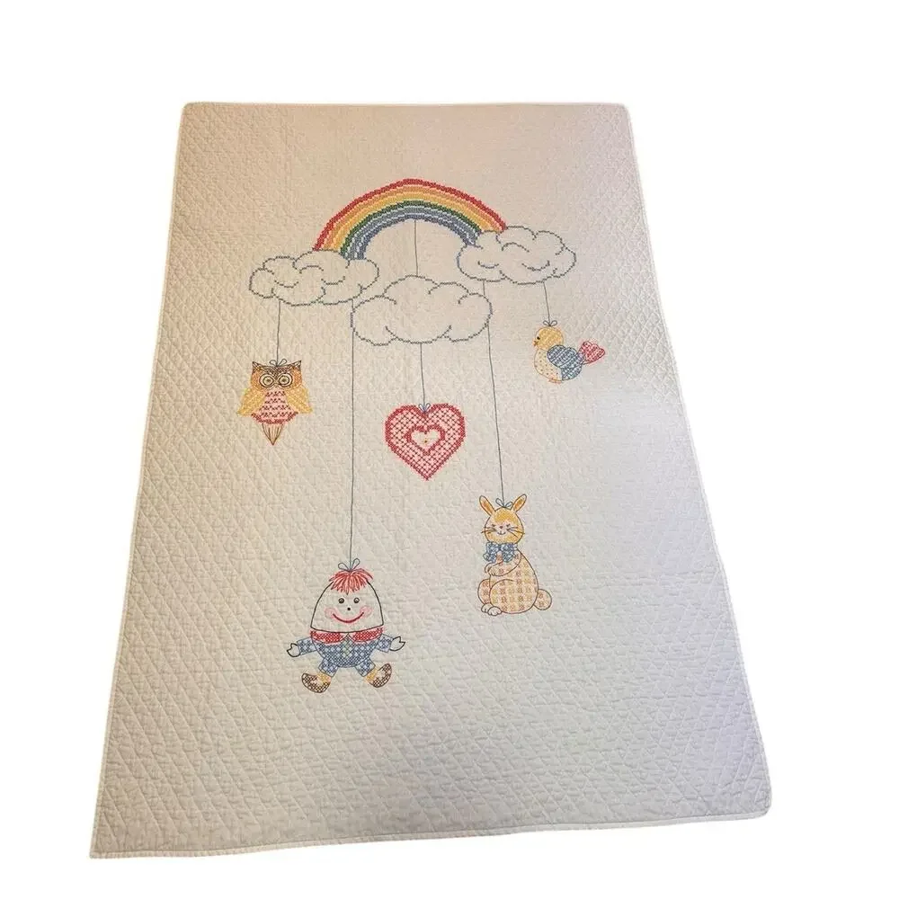 Vintage Cross-Stitch Rainbow Mobile Handmade Baby Quilt Blanket *Read*
